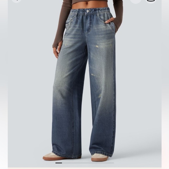 NWT Halara Mid Rise french terry denim sweat-pant jeans with pockets - Picture 5 of 13